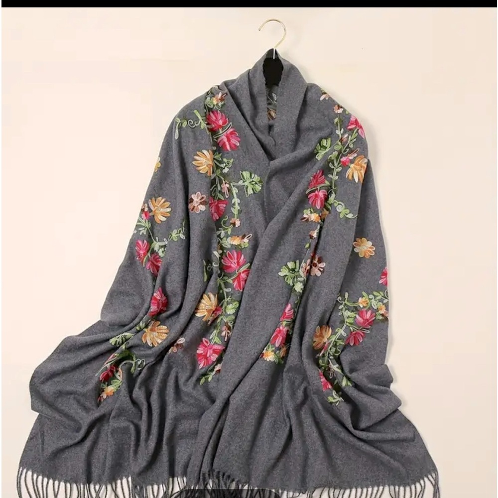 World Market Women’s Charcoal Gray with Floral Hand Embroidery Scarf  27" x 72"
